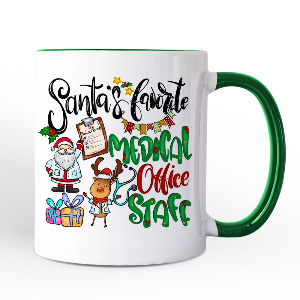 Santa's Favorite Medical Office Staff Personalized Mug, Christmas Appreciation Gift with Custom Name Personalized Ceramic Mug OrnamentallyYou Green Handle Non-Custom 
