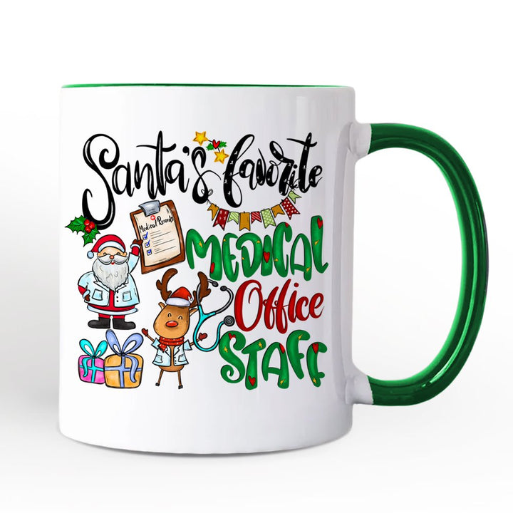 Santa's Favorite Medical Office Staff Personalized Mug, Christmas Appreciation Gift with Custom Name Personalized Ceramic Mug OrnamentallyYou Green Handle Non-Custom 
