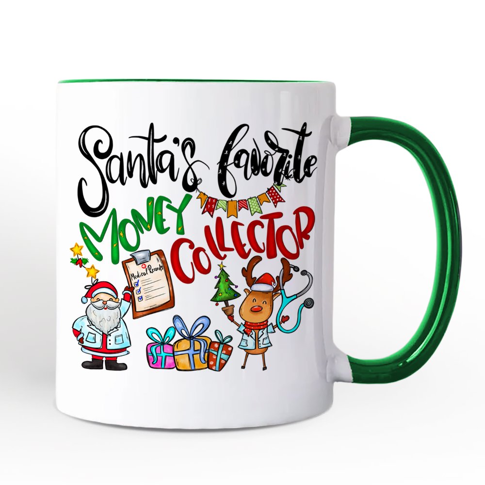 Santa's Favorite Money Collector Personalized Mug, Finance Specialists Christmas Gift with Custom Name Personalized Ceramic Mug OrnamentallyYou Green Handle Non-Custom 