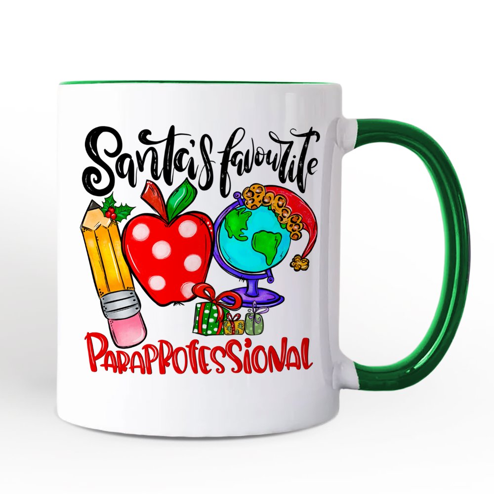 Santa's Favorite Paraprofessional Personalized Mug, Educational Assistant Christmas Gift with Custom Name Personalized Ceramic Mug OrnamentallyYou Green Handle Non-Custom 