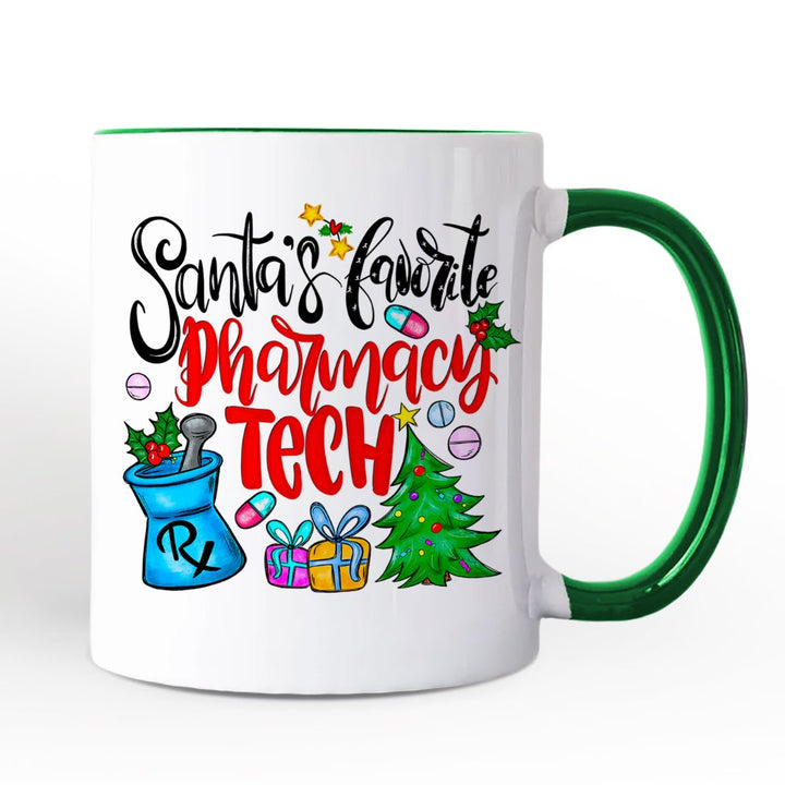 Santa's Favorite Pharmacy Tech Personalized Mug, Pharmacist Technician Gift with Custom Name Personalized Ceramic Mug OrnamentallyYou Green Handle Non-Custom 