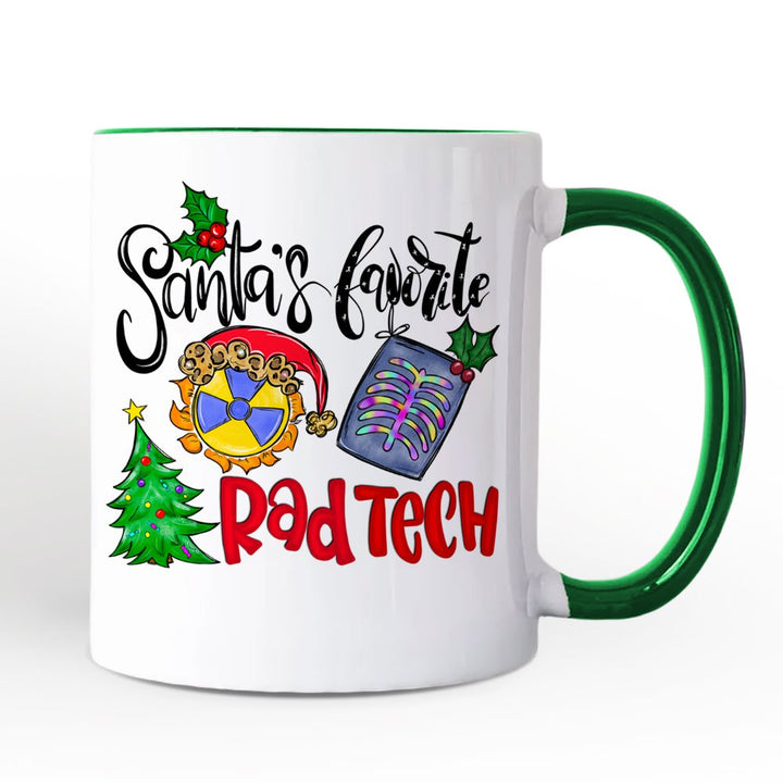 Santa's Favorite Rad Tech Personalized Mug, Radiology Crew Gift with Custom Name Personalized Ceramic Mug OrnamentallyYou Green Handle Non-Custom 
