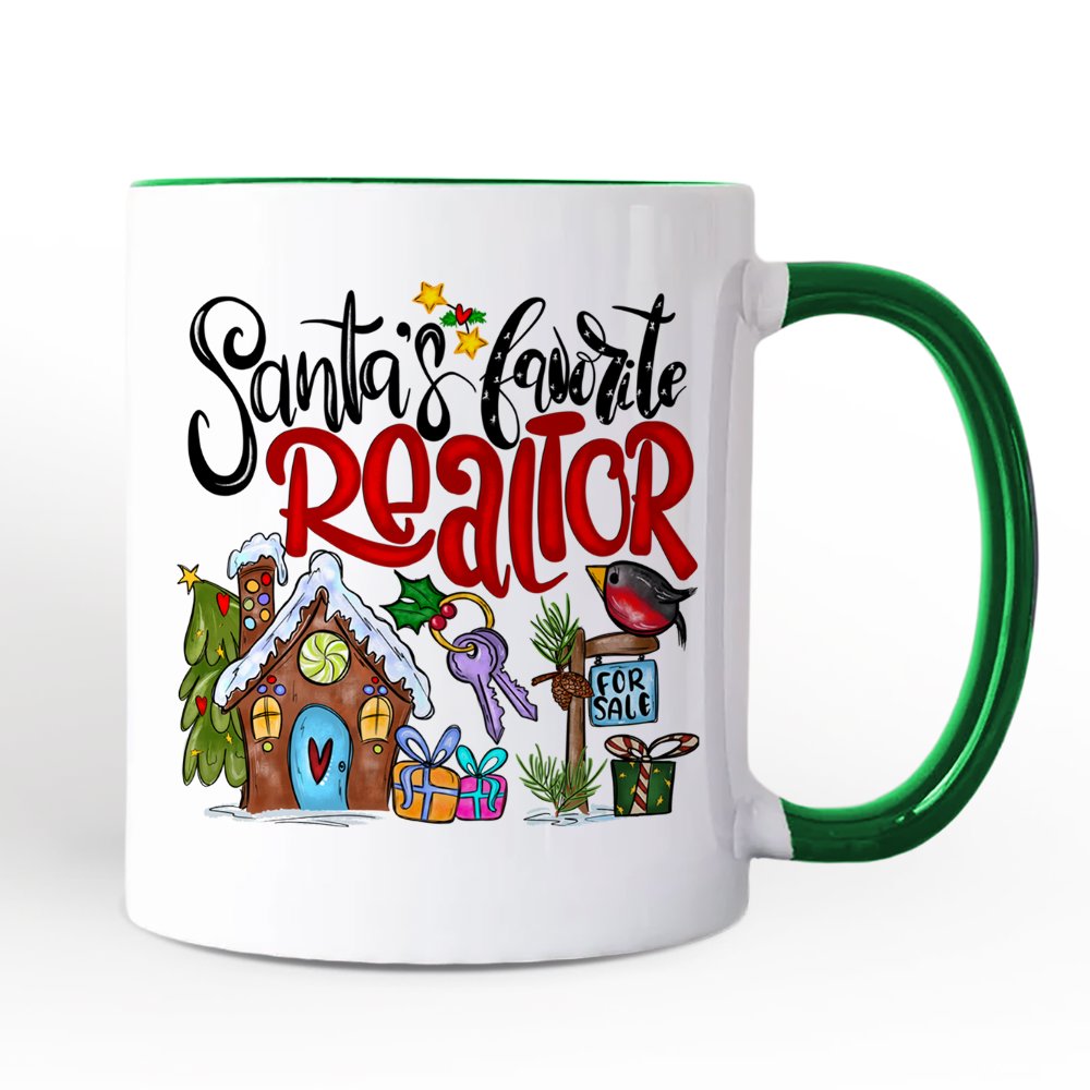 Santa's Favorite Realtor Personalized Mug, Real Estate Agent Gift with Custom Name Personalized Ceramic Mug OrnamentallyYou Green Handle Non-Custom 