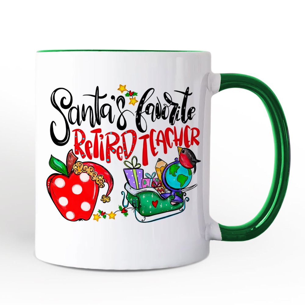 Santa's Favorite Retired Teacher Personalized Mug, Retirement Appreciation Gift with Custom Name Personalized Ceramic Mug OrnamentallyYou Green Handle Non-Custom 