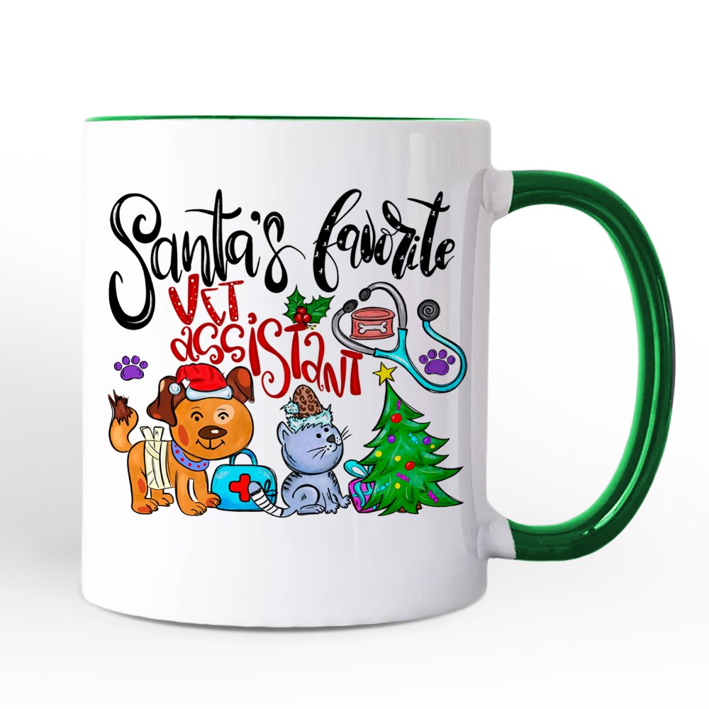 Santa's Favorite Vet Assistant Personalized Mug, Veterinary Appreciation Gift with Custom Name Personalized Ceramic Mug OrnamentallyYou Green Handle Non-Custom 