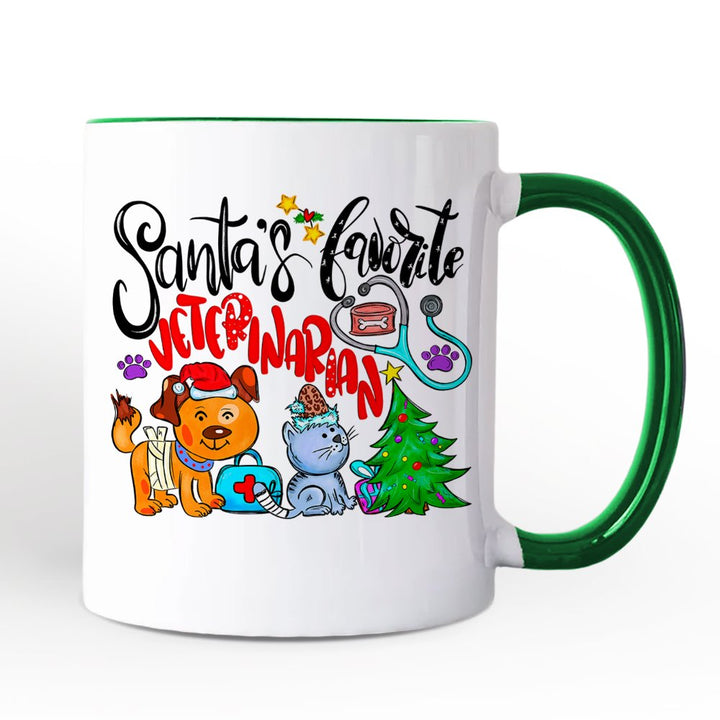 Santa's Favorite Veterinarian Personalized Mug, Veterinary Appreciation Gift with Custom Name Personalized Ceramic Mug OrnamentallyYou Green Handle Non-Custom 