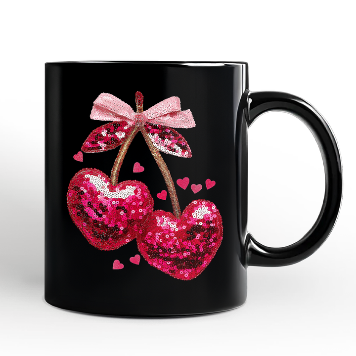 Sequin Pink Cherry Heart Valentine Personalized Mug, Mood for Love Coquette Gift with Custom Name