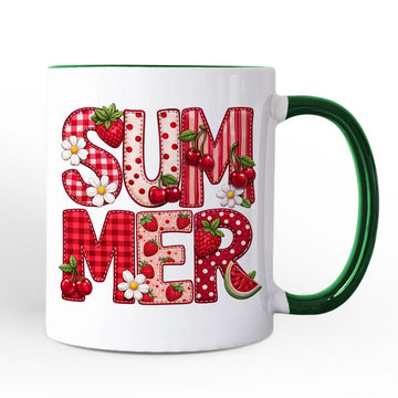 Strawberry Cherry Printed Faux Patchwork Mug, Summer Fruit Picnic Gift Personalized Ceramic Mug OrnamentallyYou 