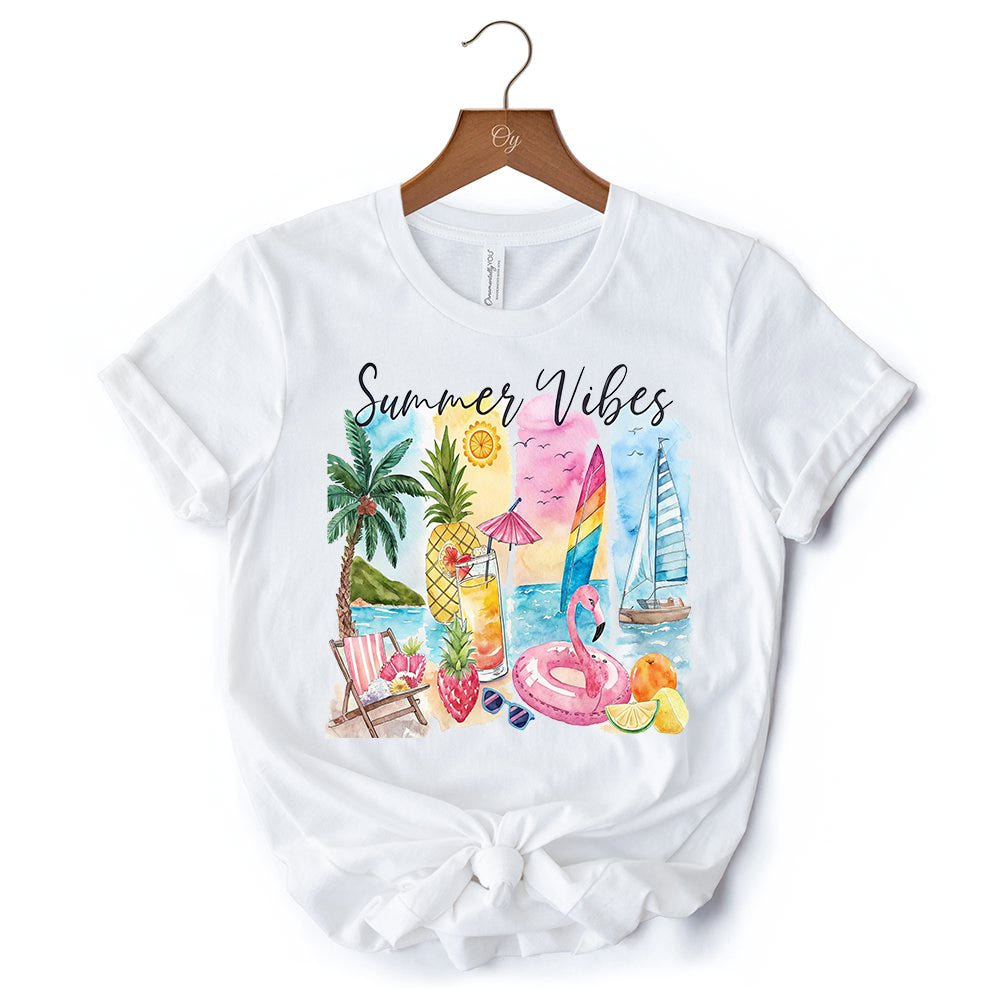 Summer Vibes T-Shirt, White and Natural Vacation Beach Tee T-Shirts OrnamentallyYou 