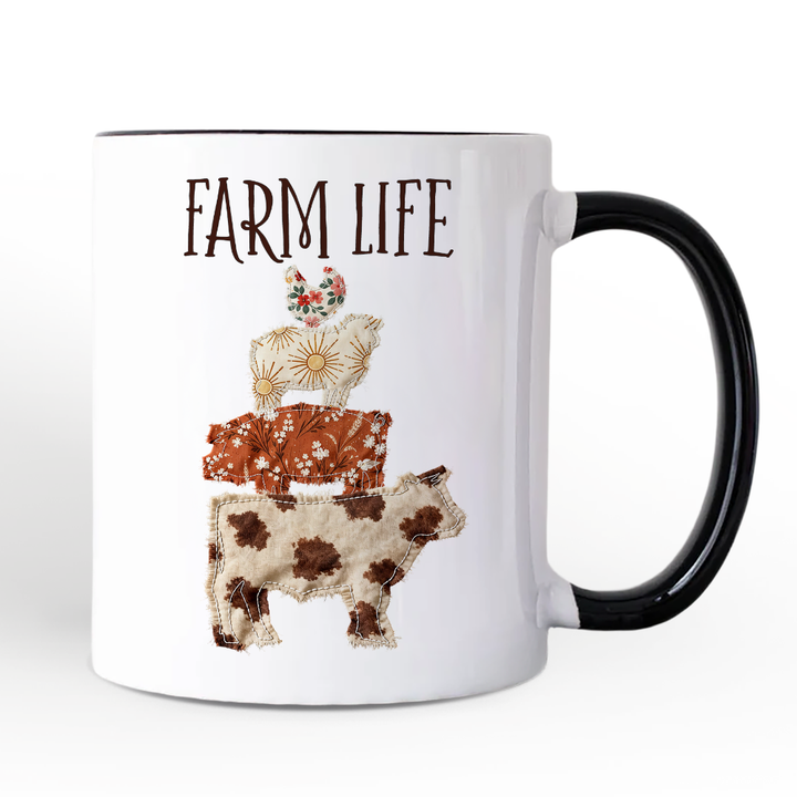 Western Farm Animals Printed Faux Patchwork Personalized Mug, Country Cow Pig Sheep Hen Gift with Custom Name