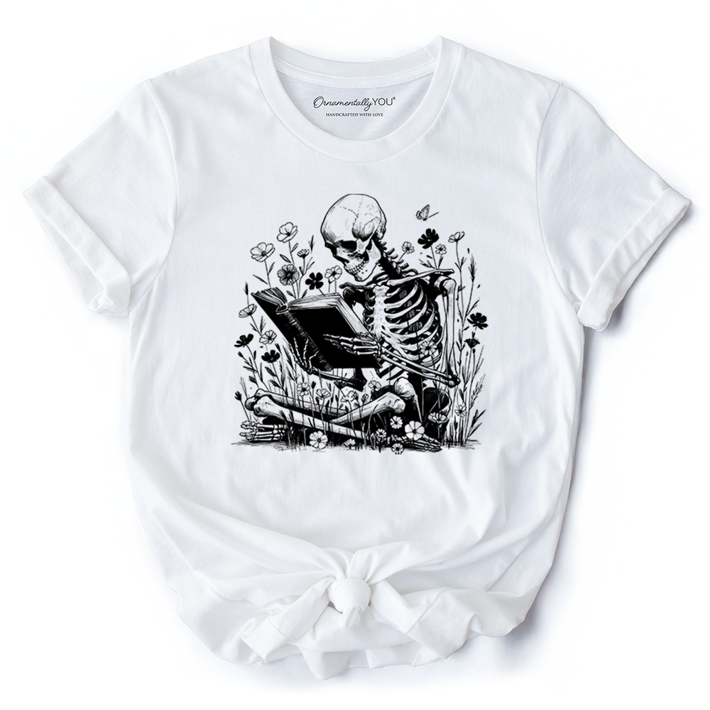 Gothic Reading Skeleton T-Shirt, Floral Halloween Tee for Spooky Bookworms