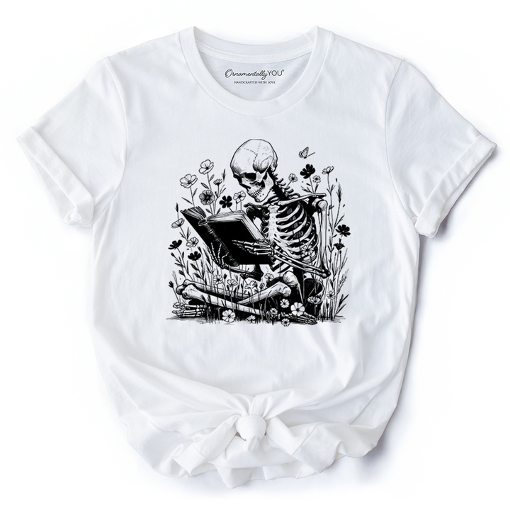 Gothic Reading Skeleton T-Shirt, Floral Halloween Tee for Spooky Bookworms