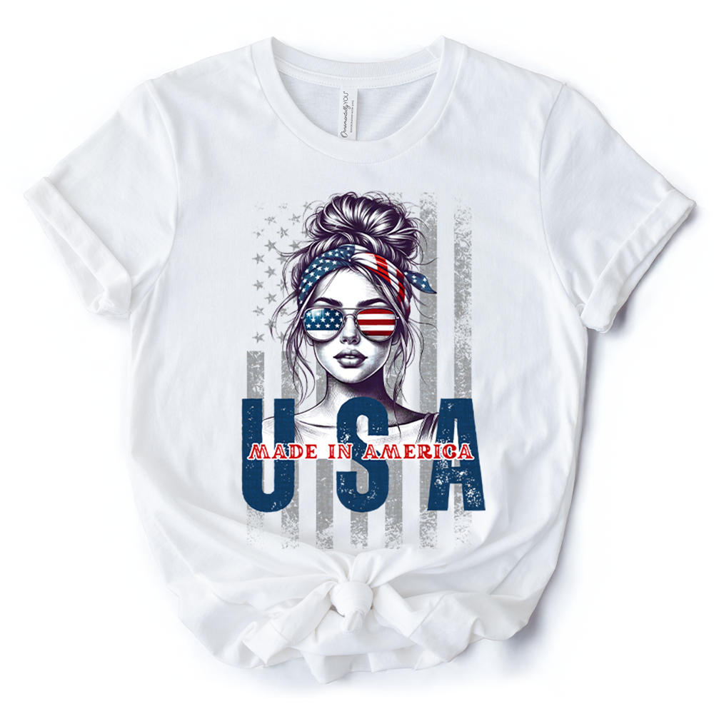 Made in America Messy Bun T-Shirt, Retro 4th of July White Patriotic Tee