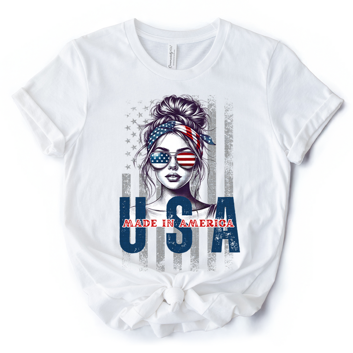 Made in America Messy Bun T-Shirt, Retro 4th of July White Patriotic Tee