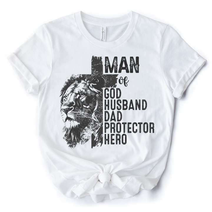 Man of God Lion Cross T-Shirt, White Tee for Faithful and Christian Fathers