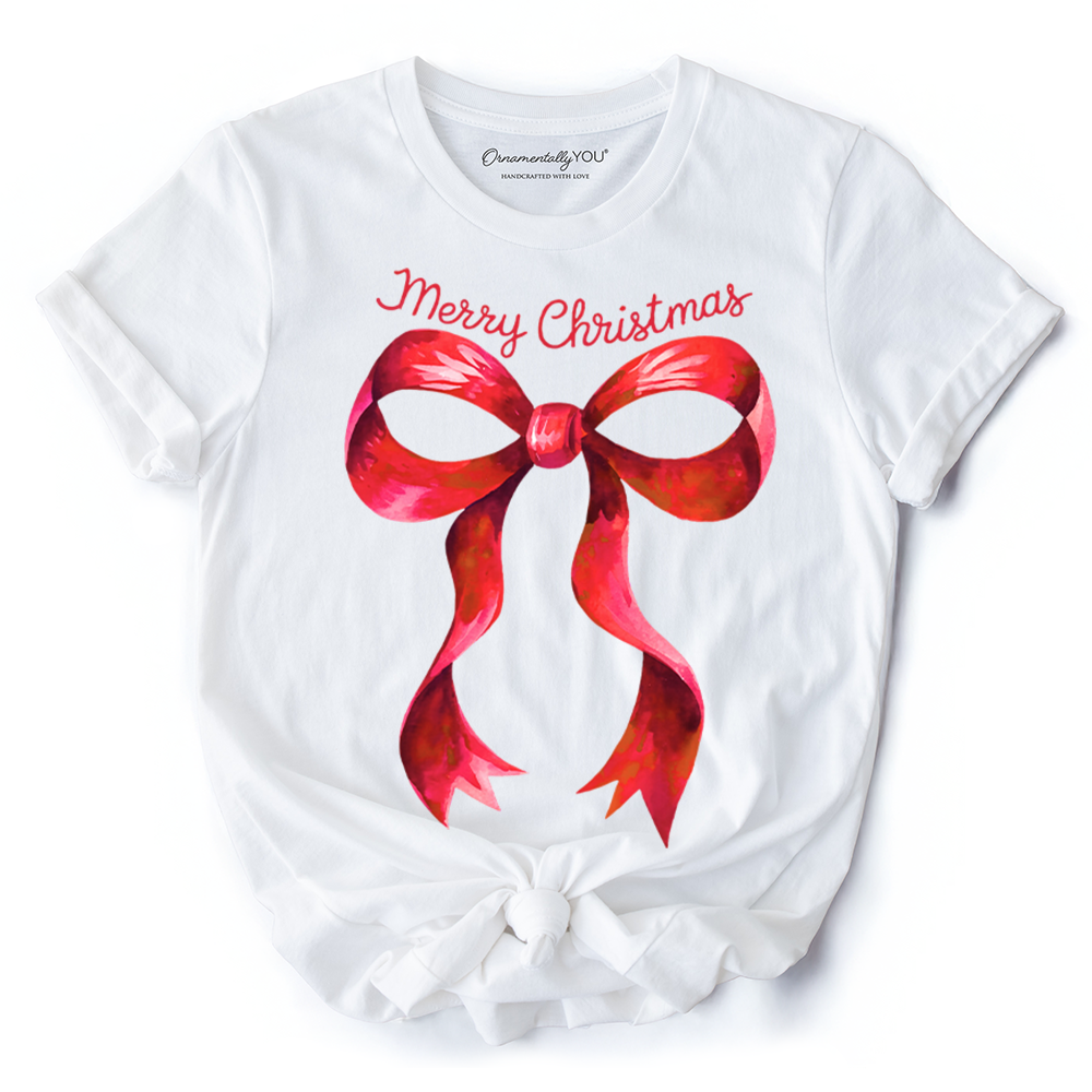 Merry Christmas Red Coquette Bow T‑Shirt, Minimalist Holiday Ribbon Tee for Festive Season