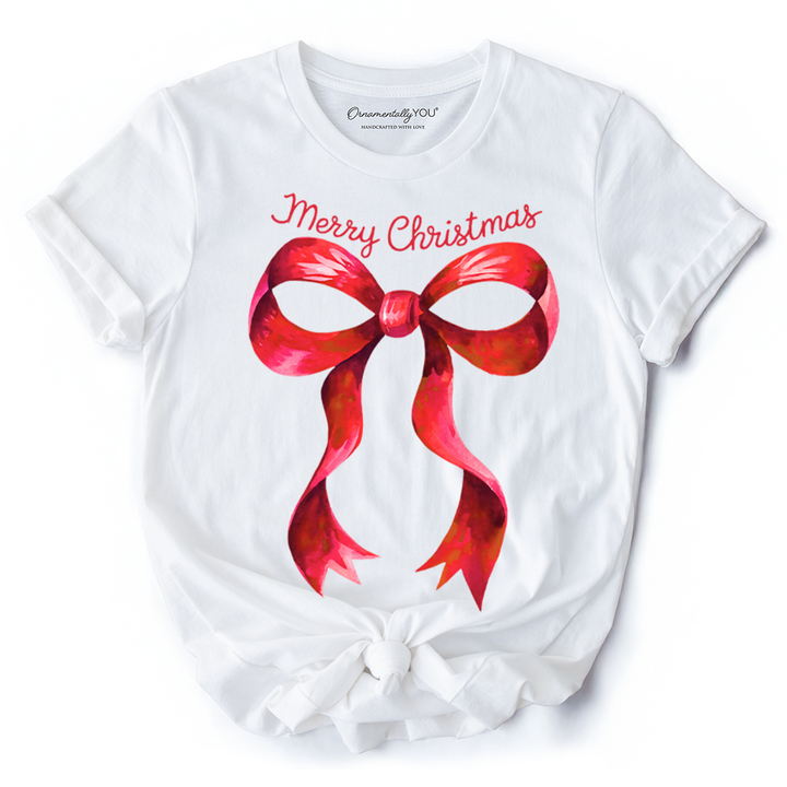 Merry Christmas Red Coquette Bow T‑Shirt, Minimalist Holiday Ribbon Tee for Festive Season
