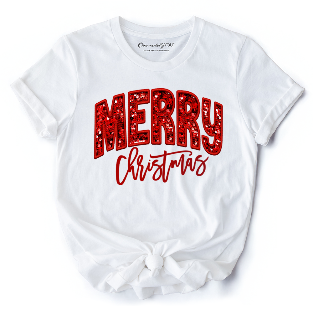 Merry Christmas Sequin T‑Shirt, Bold Red Glitter-Look Tee for Festive Holiday Season