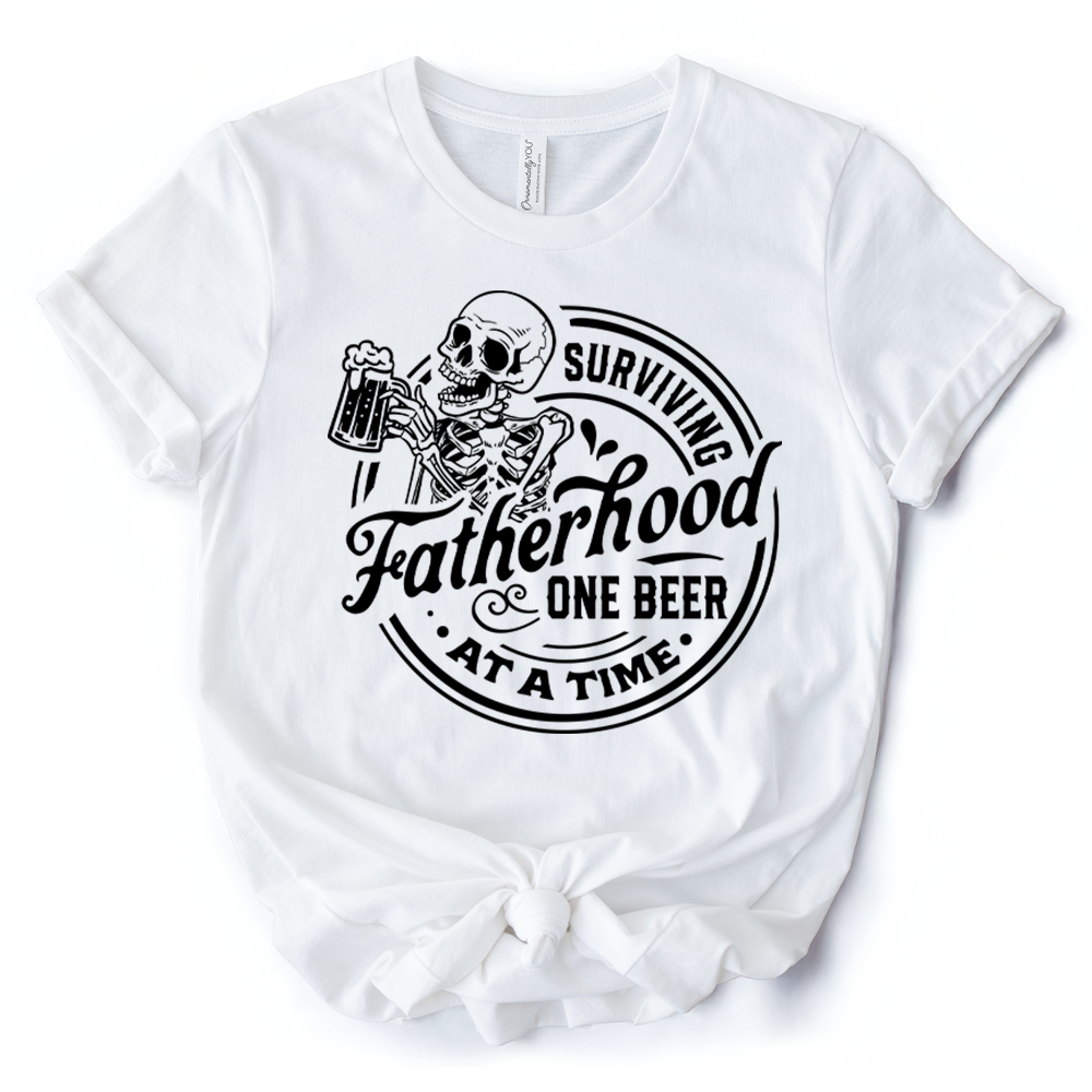 Surviving Fatherhood Skeleton Beer T-Shirt, White Vintage Tee for Tired and Hilarious Dads