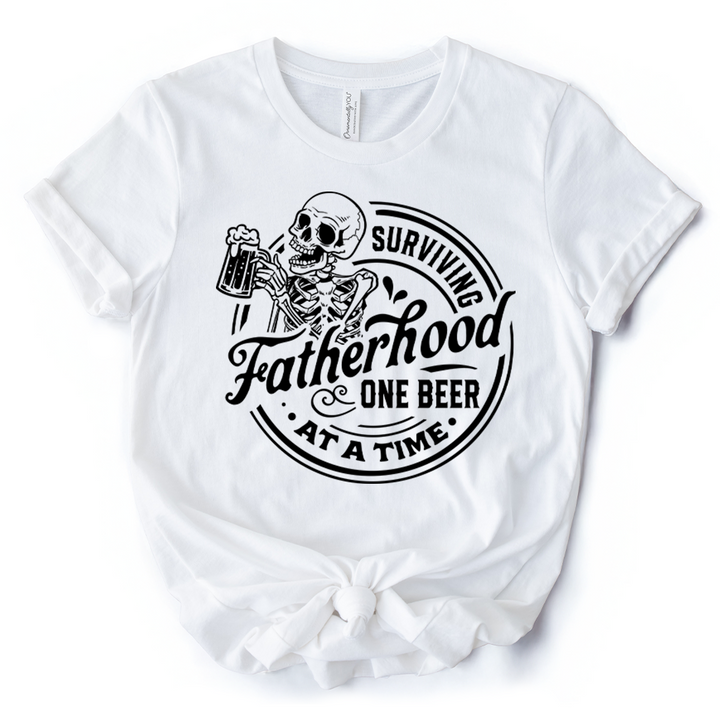 Surviving Fatherhood Skeleton Beer T-Shirt, White Vintage Tee for Tired and Hilarious Dads