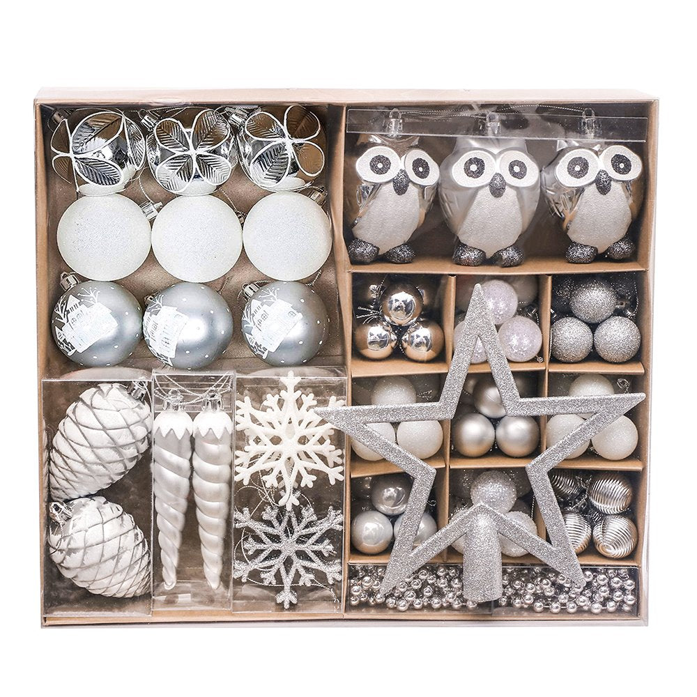 Winter Woodlands Large White and Silver Ornament Set of 90, Glittery Snow Owls, Cones, Snowflakes, and Stalactites Ornament Bundle OrnamentallyYou 