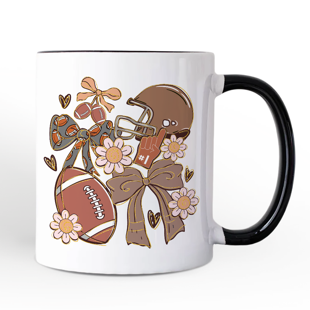 Football Mom Coquette Bow Daisy Personalized Mug, Retro Fall Game Day Preppy Gift with Custom Name