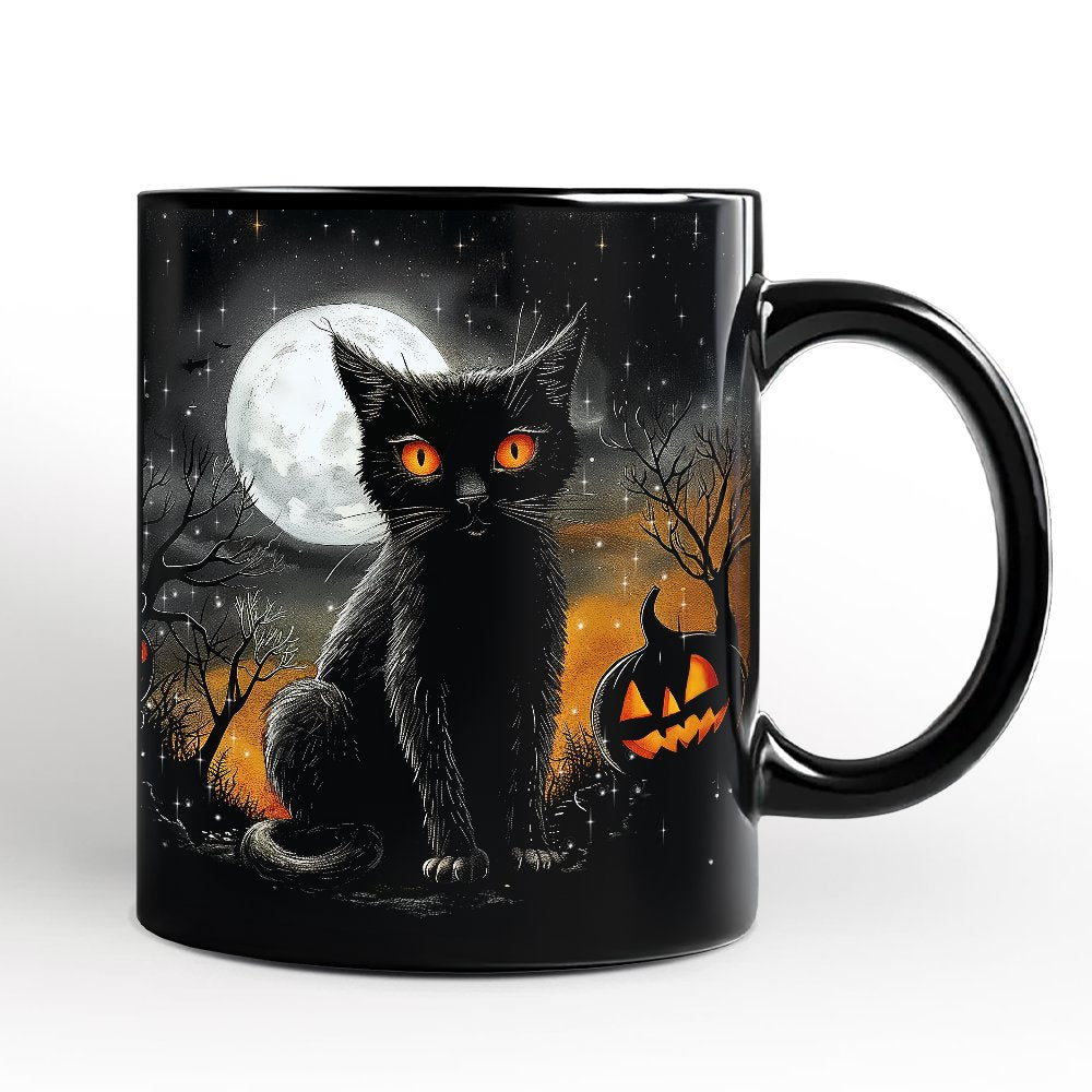 Cat Night Halloween Personalized Mug, Spooky Horror Gift with Custom Name Personalized Ceramic Mug OrnamentallyYou Black Non-Custom 