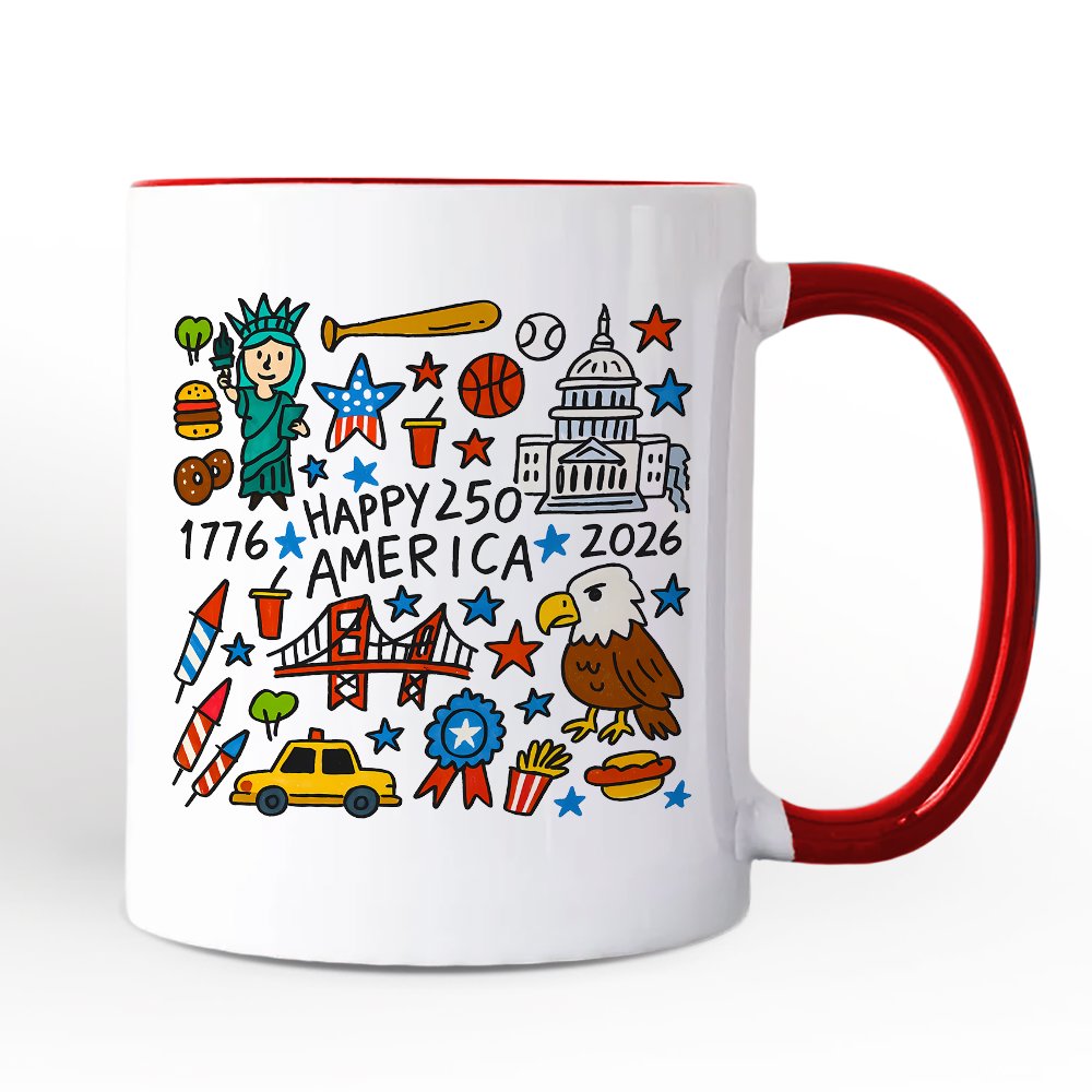 Happy 250 America Doodle Personalized Mug, Patriotic USA 1776-2026 250th Anniversary Gift with Custom Name Personalized Ceramic Mug OrnamentallyYou Red Handle Non-Custom 
