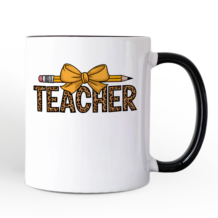 Teacher Leopard Pencil Personalized Mug, Coquette Bow Retro Classroom Gift with Custom Name