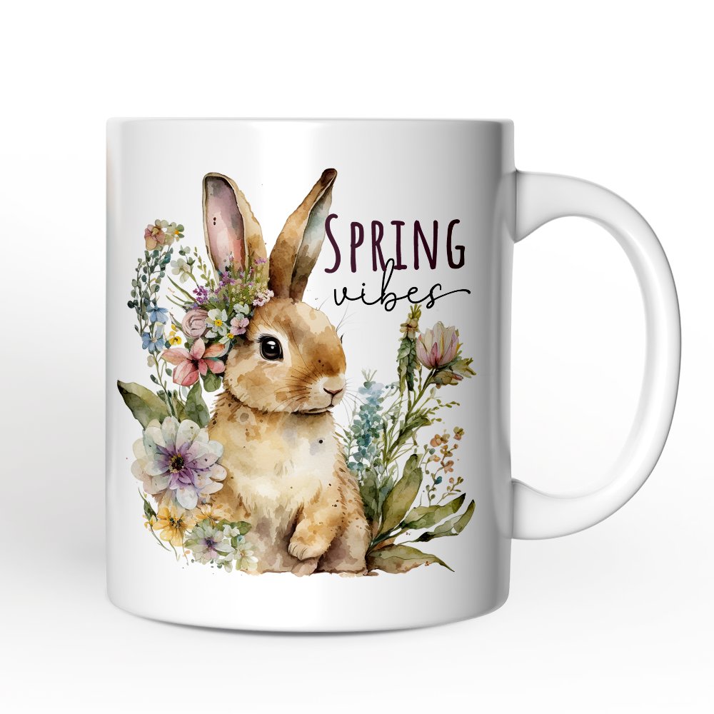 Artistic Watercolor Spring Vibes Personalized Mug, Floral Bunny Custom Gift with Name Personalized Ceramic Mug OrnamentallyYou 12oz Mug Non-Custom 