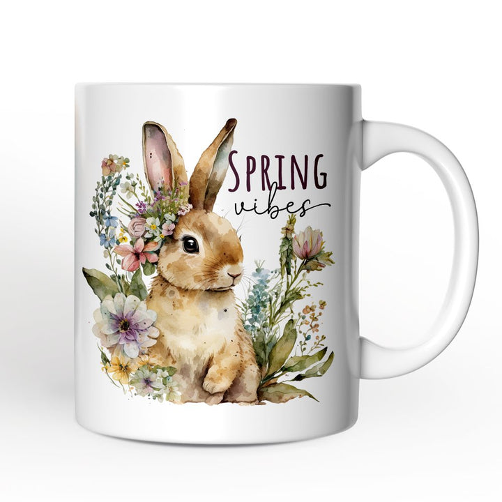 Artistic Watercolor Spring Vibes Personalized Mug, Floral Bunny Custom Gift with Name Personalized Ceramic Mug OrnamentallyYou 12oz Mug Non-Custom 