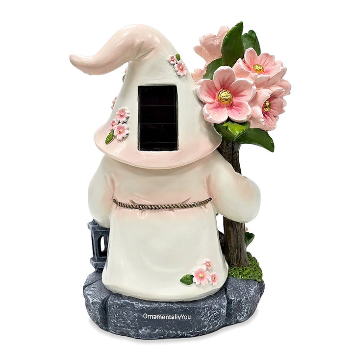 Cherry Blossom Gnome Solar Garden Statue, 8" Figurine and Floral Outdoor Decor Resin Statues OrnamentallyYou 