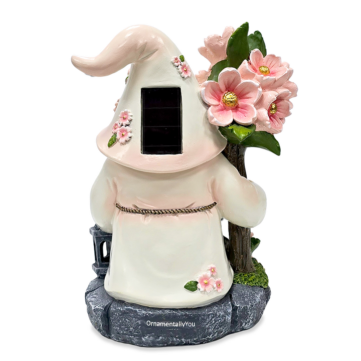 Cherry Blossom Gnome Solar Garden Statue, 8" Figurine and Floral Outdoor Decor