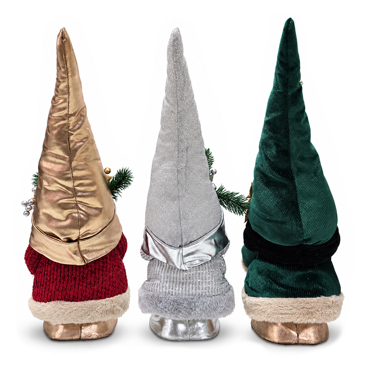 Christmas Luxe Plush Gnome Set of 3, Elegant Emerald Silver 19.3" Holiday Decor