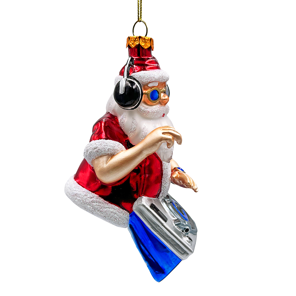 (Pre-Order) DJ Santa Spinning Christmas Party Glass Ornament, Headphones and Music Star Hipster Tree Decor