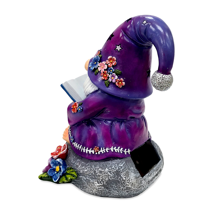 Enchanted Wisdom Solar Book Reader Gnome Figurine, 8" Lighted Lavender Purple Garden Statue
