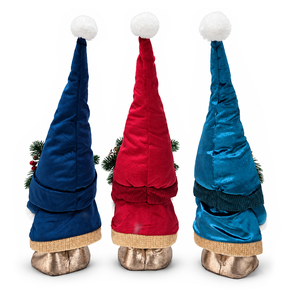 Festive Poinsettia Plush Gnome Set of 3, Blue Red and Teal 21" Christmas Decor with Present and Teddy Bear