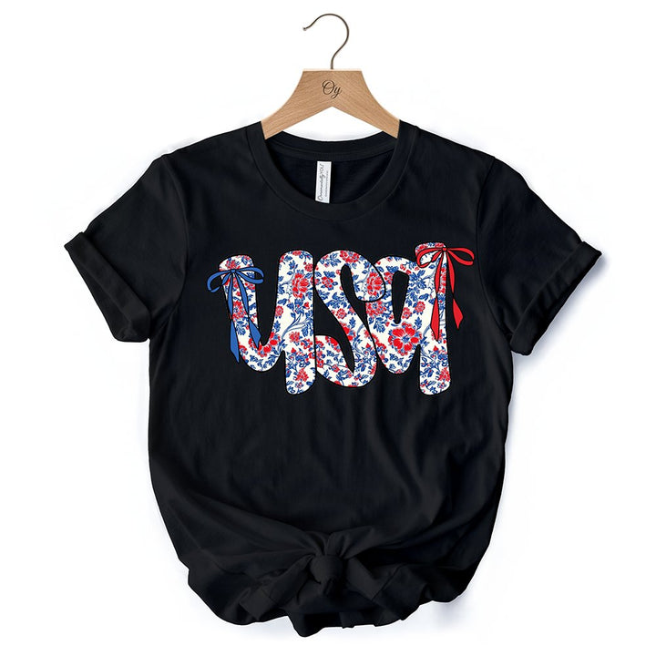 Floral USA Patriotic T-Shirt, 4th of July White, Natural and Black Tee for Stylish Women T-Shirts OrnamentallyYou 