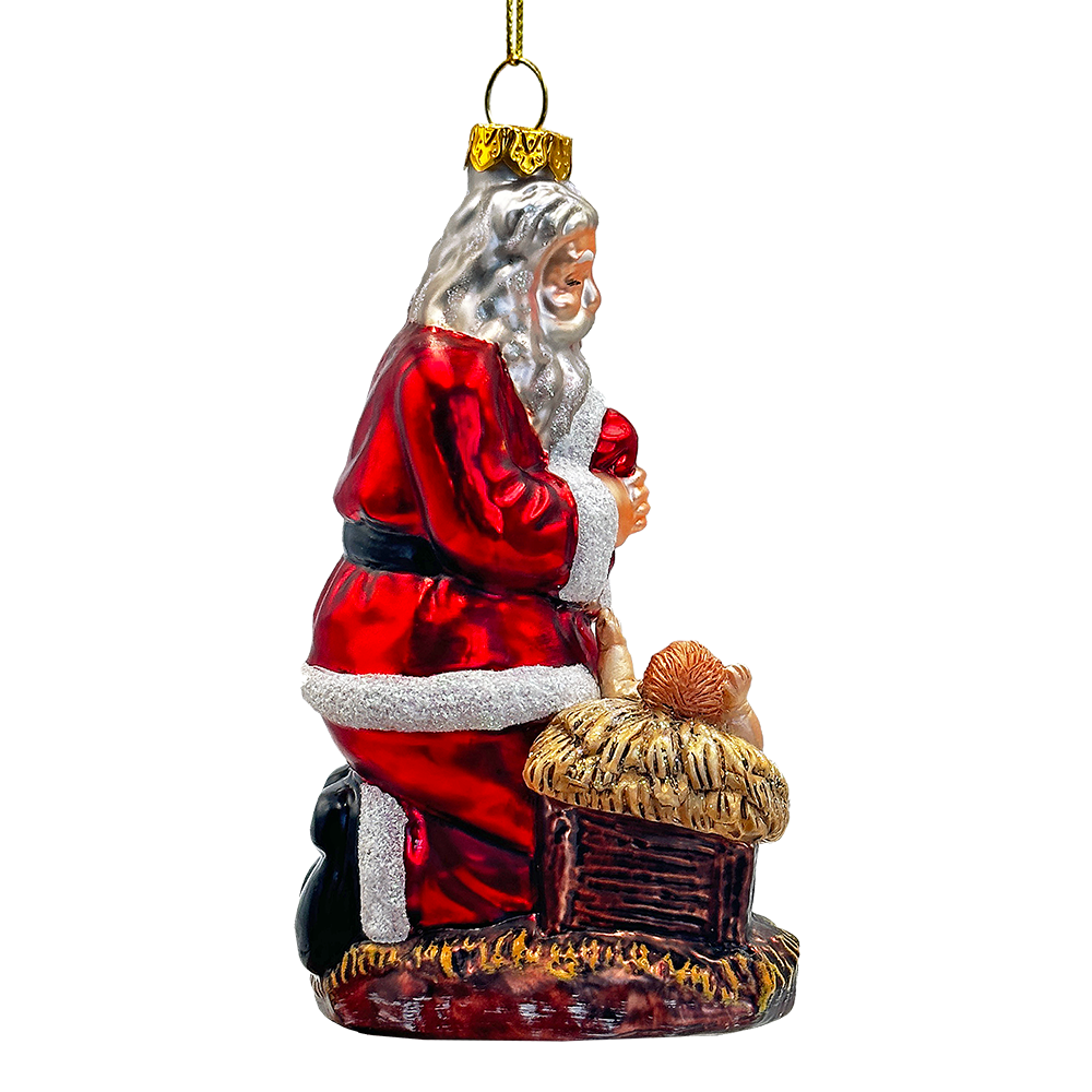 (Pre-Order) Innocent Santa and Baby Jesus Handblown Glass Christmas Ornament, Nativity Christian Holiday Decor