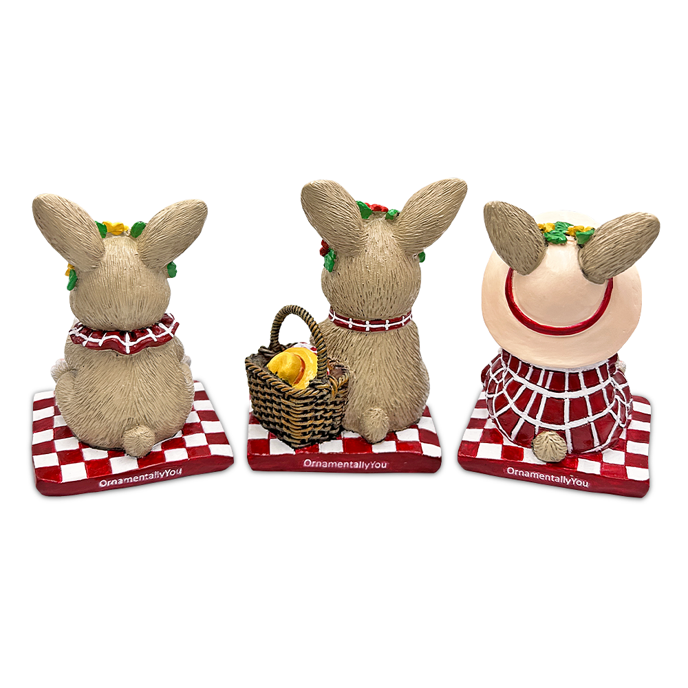 Joyful Picnic Gathering Bunny Trio Set of Three Figurines, Spring Rabbit Statue 4.5" Decor