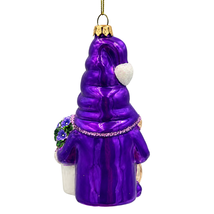 (PRE-ORDER) Lavender Gnome with Flowers and Butterflies Glass Christmas Ornament, Purple Garden Floral Tree Decor