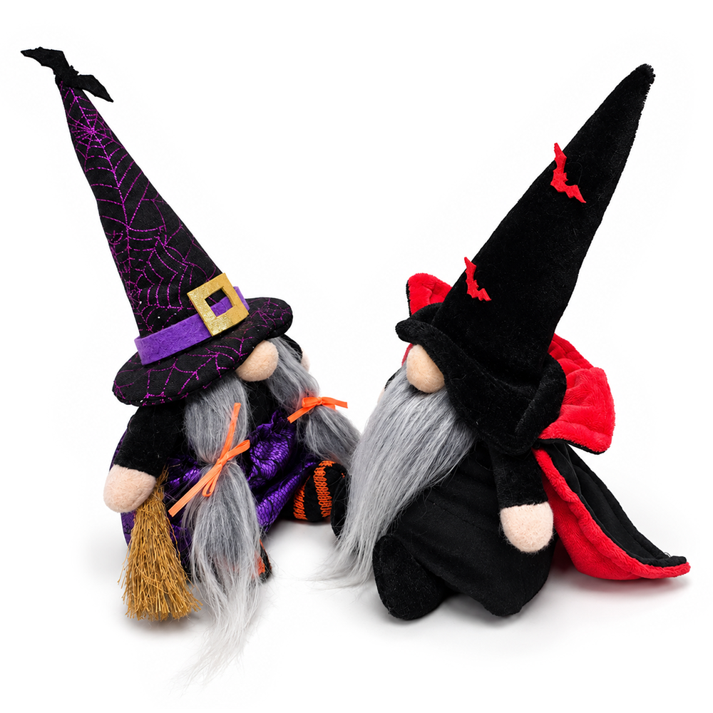 Midnight Magic Plush Gnome Set of 2, Gothic Witch and Vampire 10" Halloween Decor