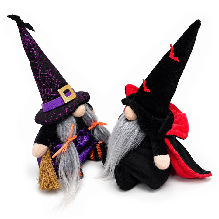 Midnight Magic Plush Gnome Set of 2, Gothic Witch and Vampire 10" Halloween Decor