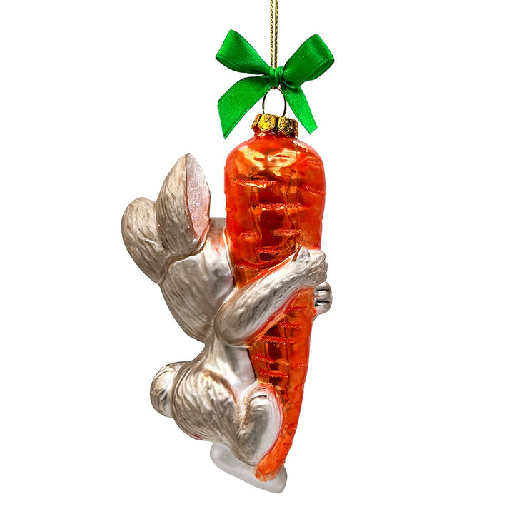 (Pre-Order) Playful Bunny Hanging on Carrot Glass Ornament, Christmas Gift for Kids Glass Ornament OrnamentallyYou 