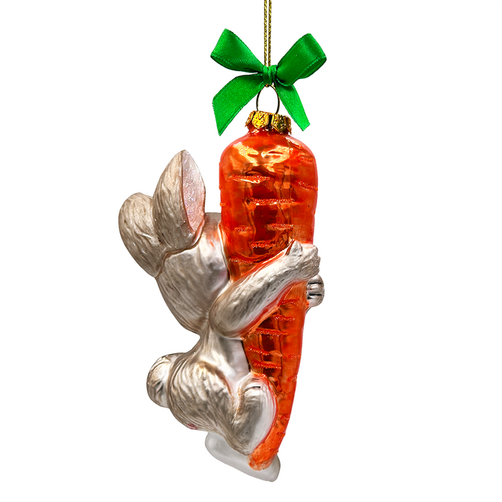 (Pre-Order) Playful Bunny Hanging on Carrot Glass Ornament, Christmas Gift for Kids