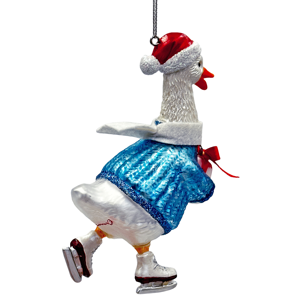 (Pre-Order) Playful Goose in Skates Glass Christmas Ornament, Whimsical Cute Duck Tree Decor