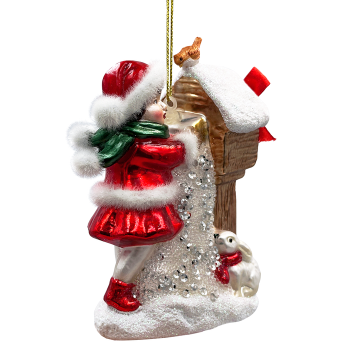 (Pre-Order) Quaint Little Winter Girl Feeding the Birds Glass Christmas Ornament, Cardinal Birdhouse Tree Decor