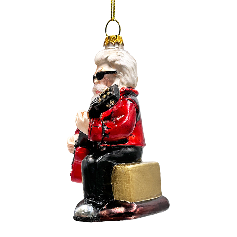 (Pre-Order) Rock Guitarist Santa Claus Glass Christmas Ornament, Rocker Musician Gift