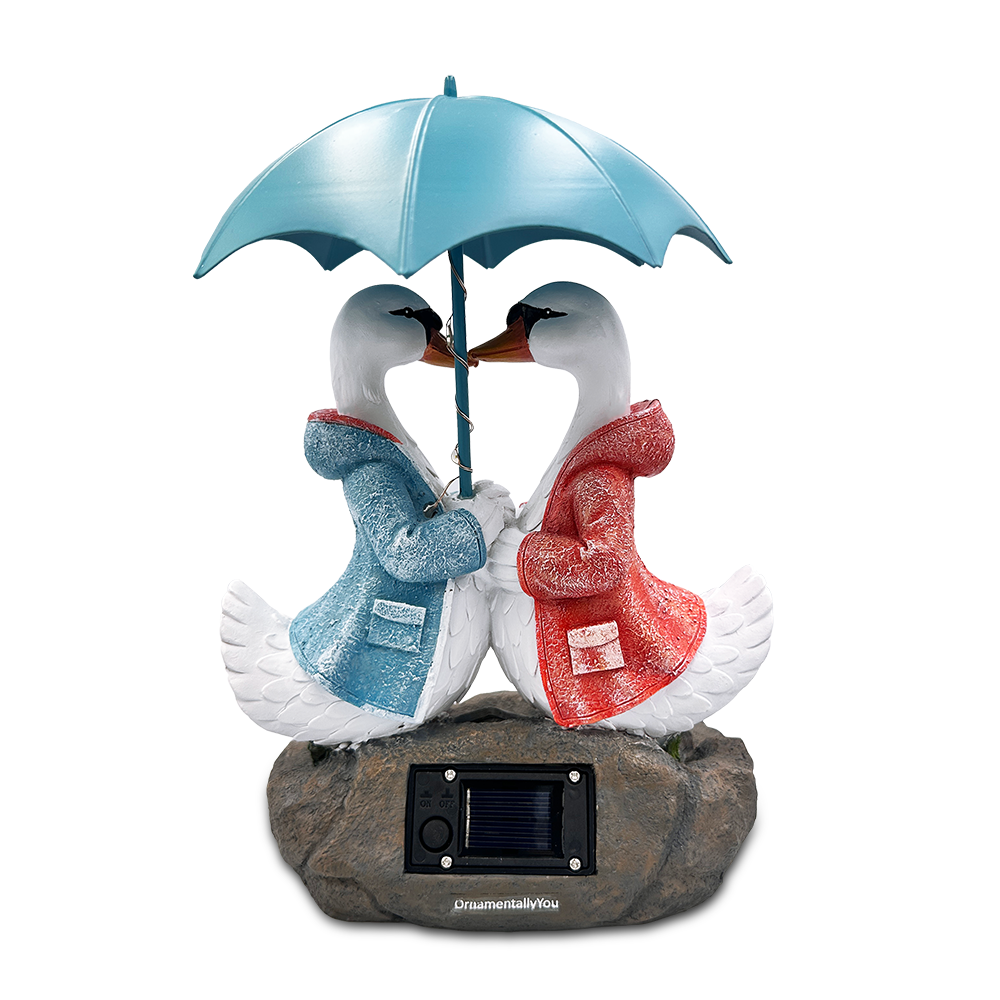 Romantic Swan Couple Under an Umbrella Solar Powered Garden Statue, 10" Lighted Outdoor Bird Figurine Decor