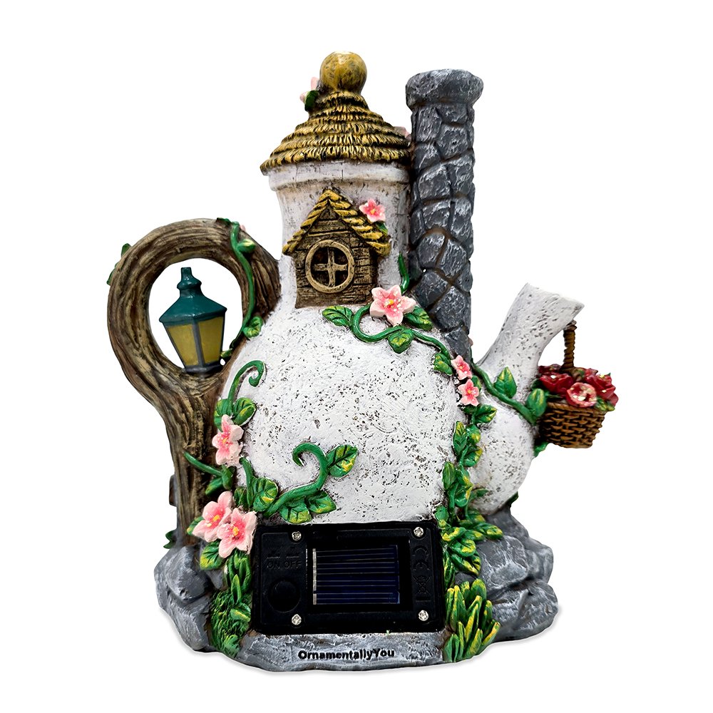 Solar Fairy Tea Pot House Garden Statue, 8" Lighted Mushroom Cottage Figurine Outdoor Decor Resin Statues OrnamentallyYou 